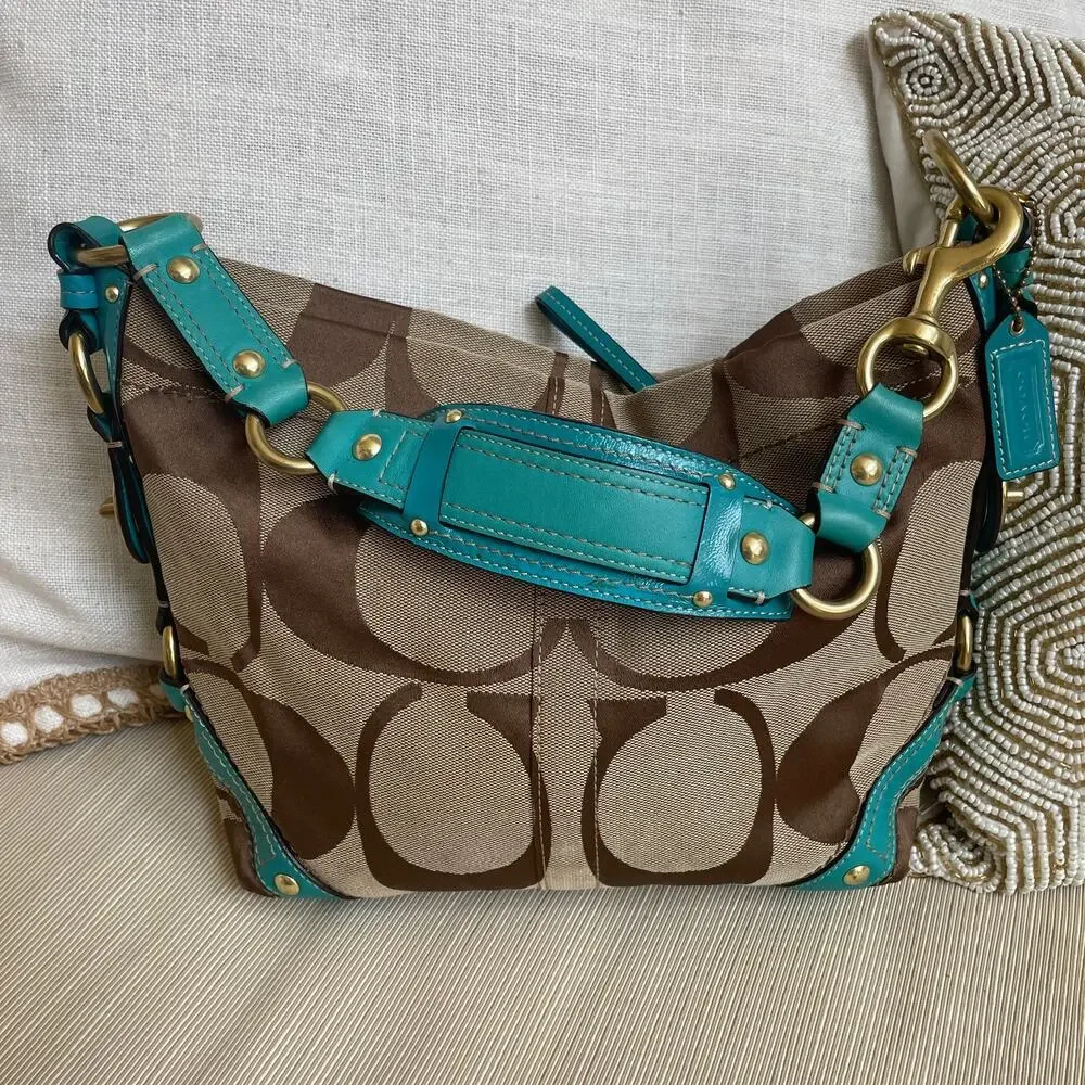Rare Y2K Coach Carly Small Signature Hobo Bag | Brown, Turquoise Blue, Turnlock